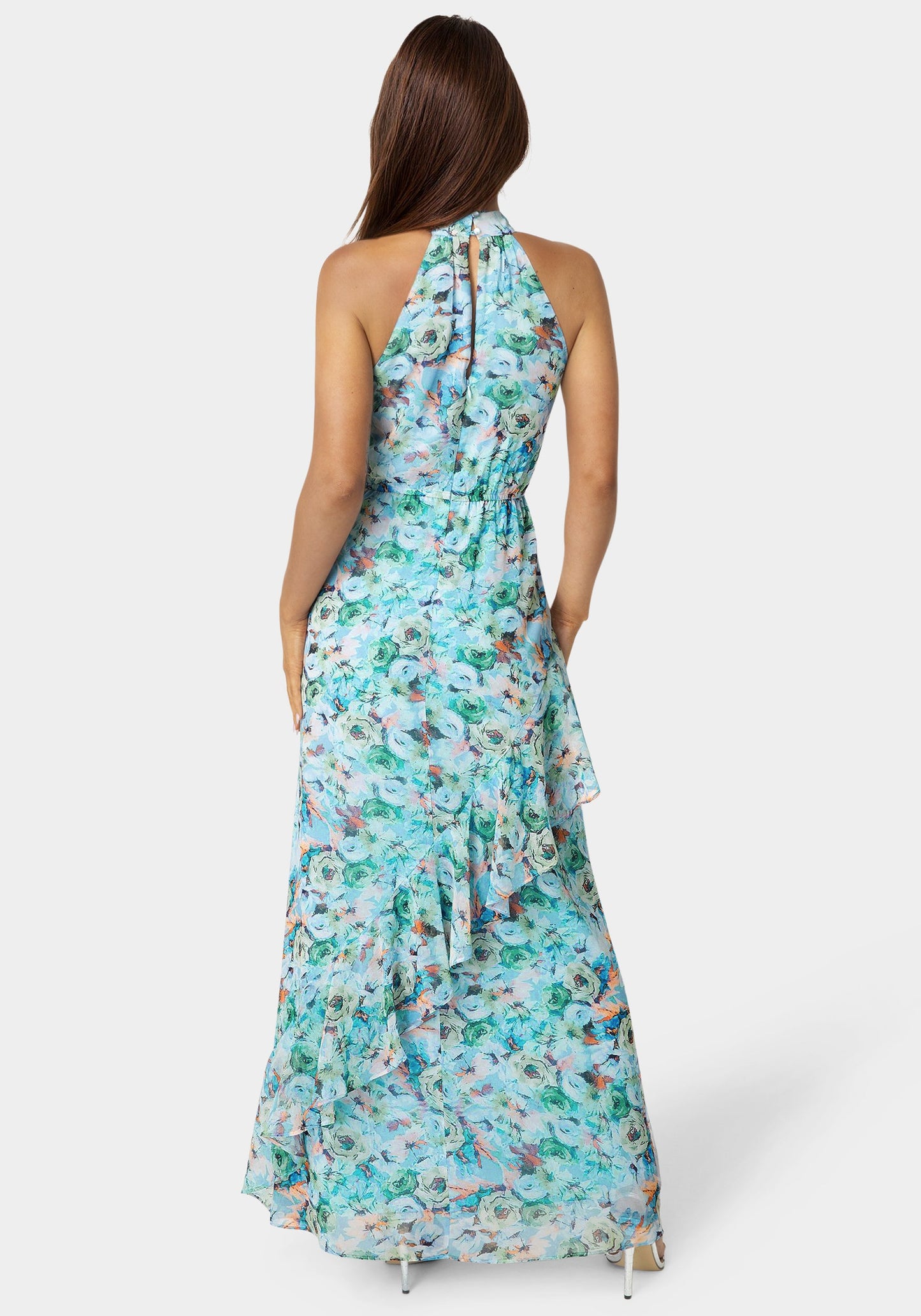 Printed Chiffon Halter Ruffle Dress