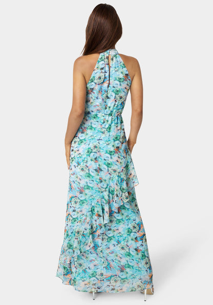 Printed Chiffon Halter Ruffle Dress