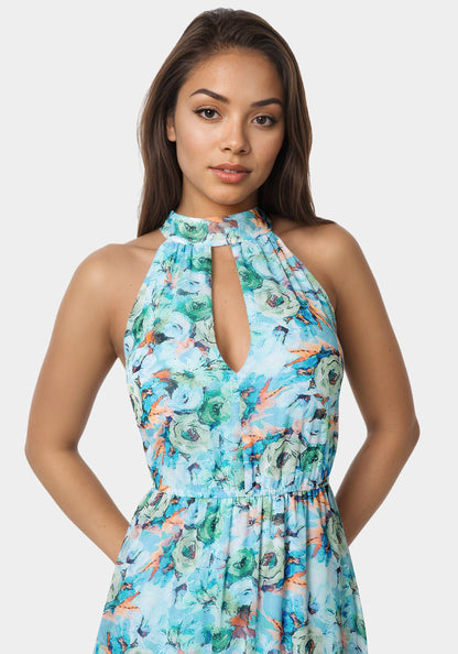 Printed Chiffon Halter Ruffle Dress