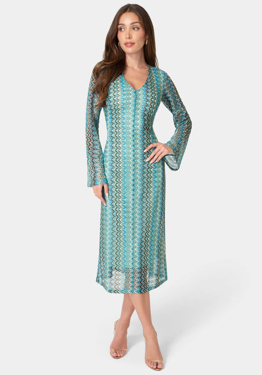 Crochet Stripe Bell Sleeve Maxi Dress