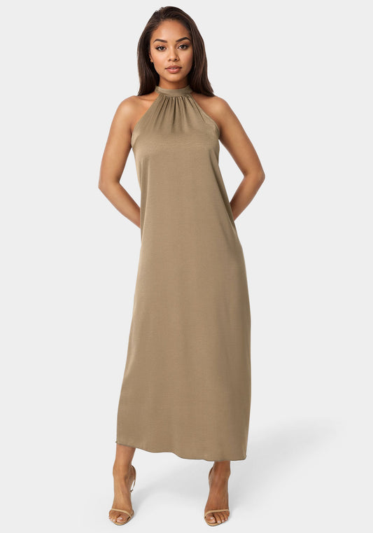 Crushed Satin Mock Neck Maxi Dress