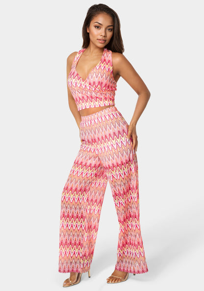 2-Piece Chevron Halter Top Flare Pant Set