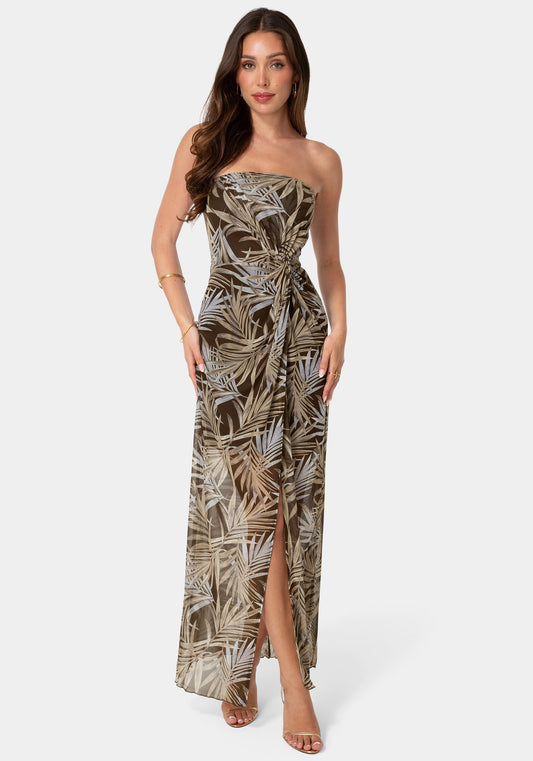 Printed Mesh Twist Waist Strapless Maxi Dress