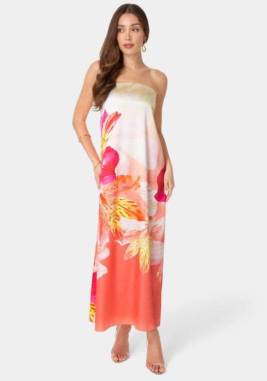 Printed Satin Strapless Maxi Dress