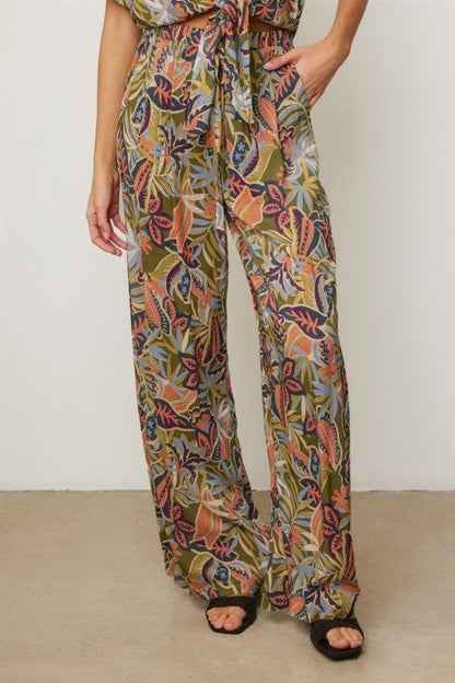 Elaine High Waist Wide Leg Tropical Print Pants Green