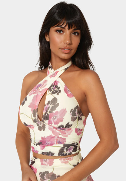 Mesh Halter Neck Wrap Top