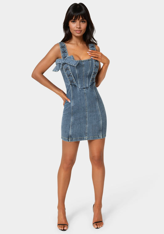 Bow Fitted Eyelet Denim Dress