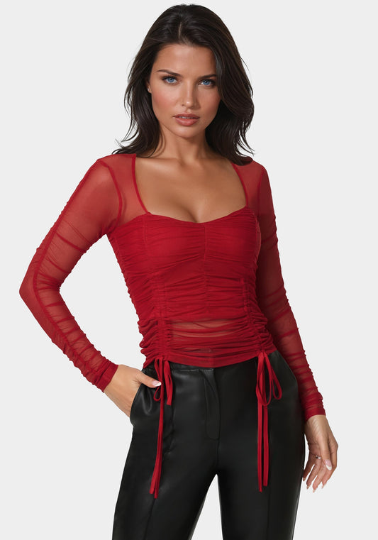 Stretch Mesh Shirring Long Sleeve Top