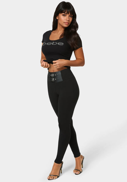 High Waist Vegan Leather Belt Legging