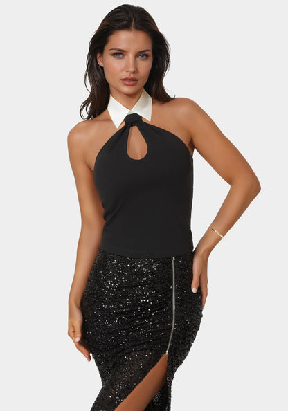 Notched Neckline Tuxedo Top