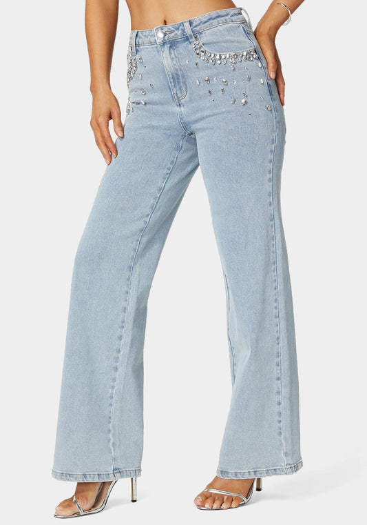 High Waist Embellished Wide Leg Jeans