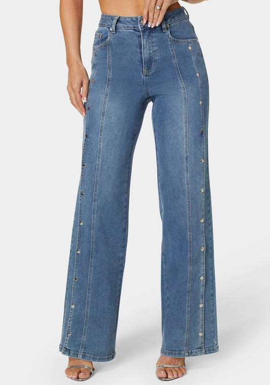 High Waist Snap Detail Wide Leg Jeans