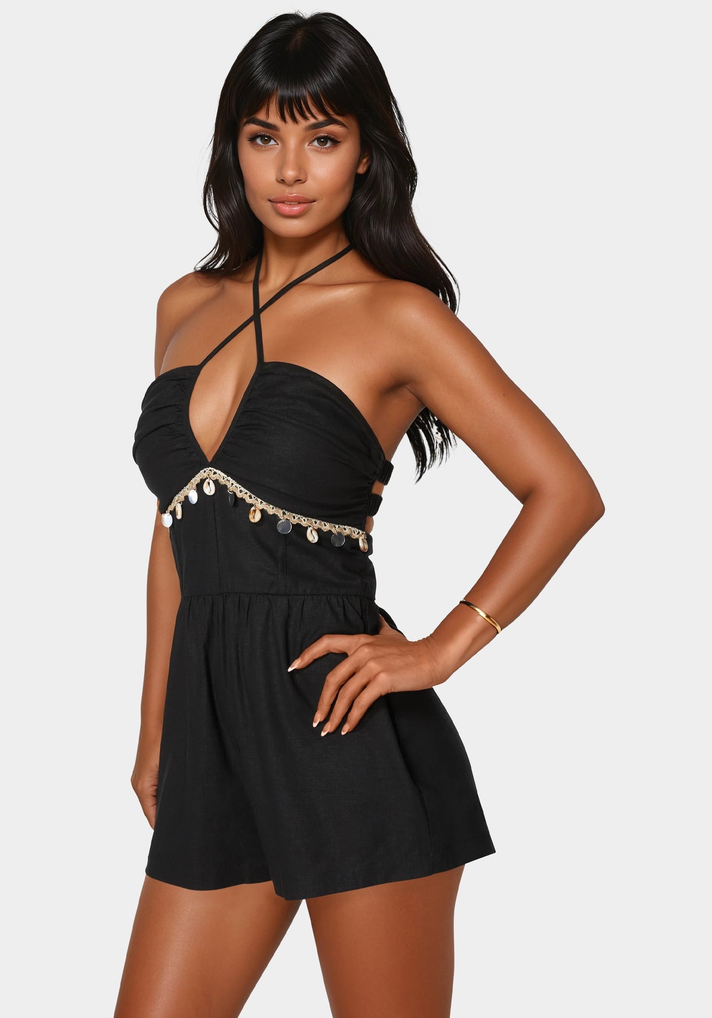 Linen Seashell Sequin Fringe Romper