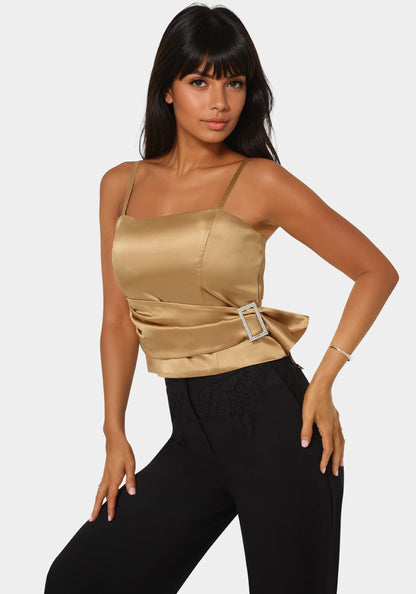 Satin Rhinestone Buckle Corset Top