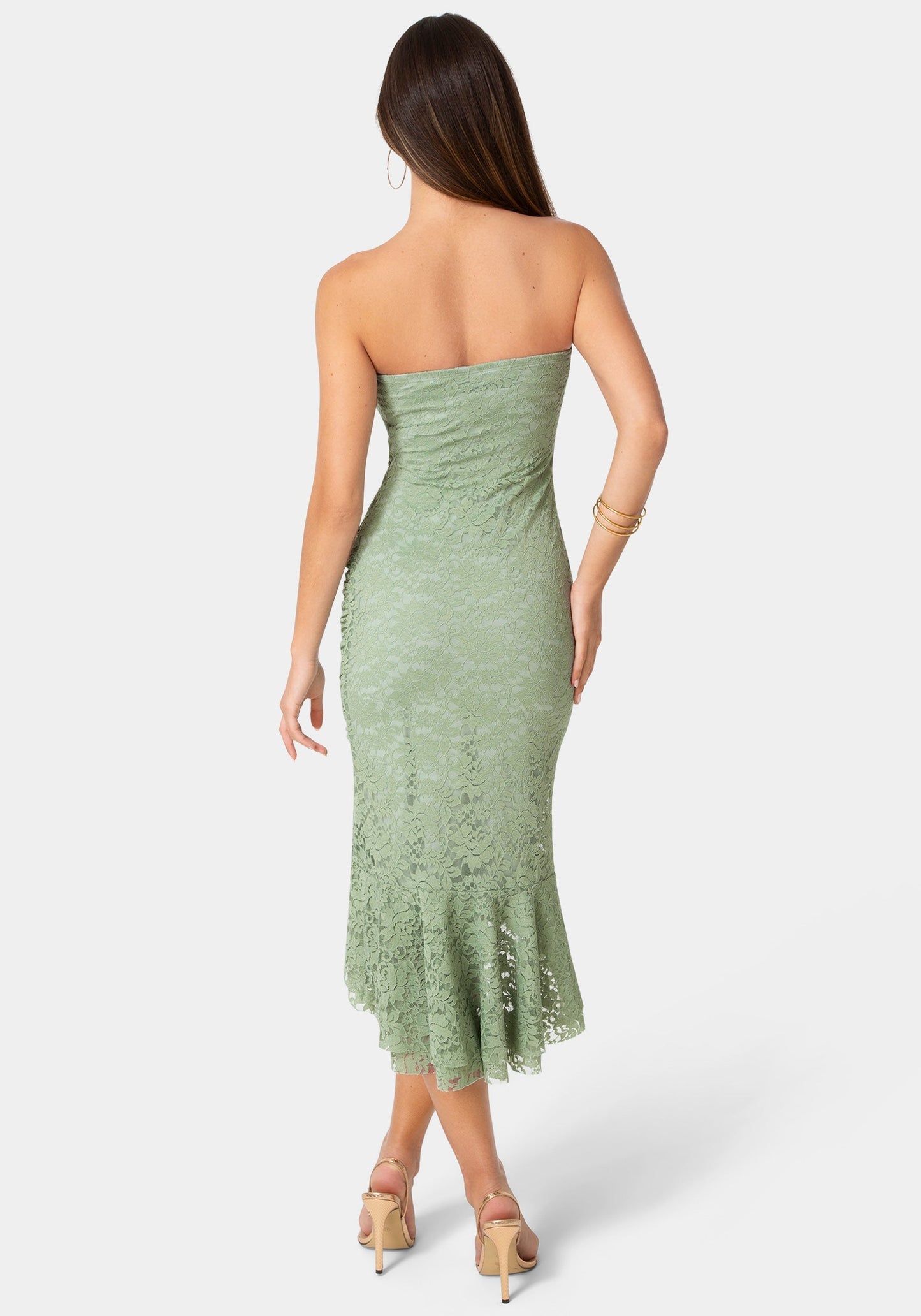 Lace Strapless Ruffle Slit Dress