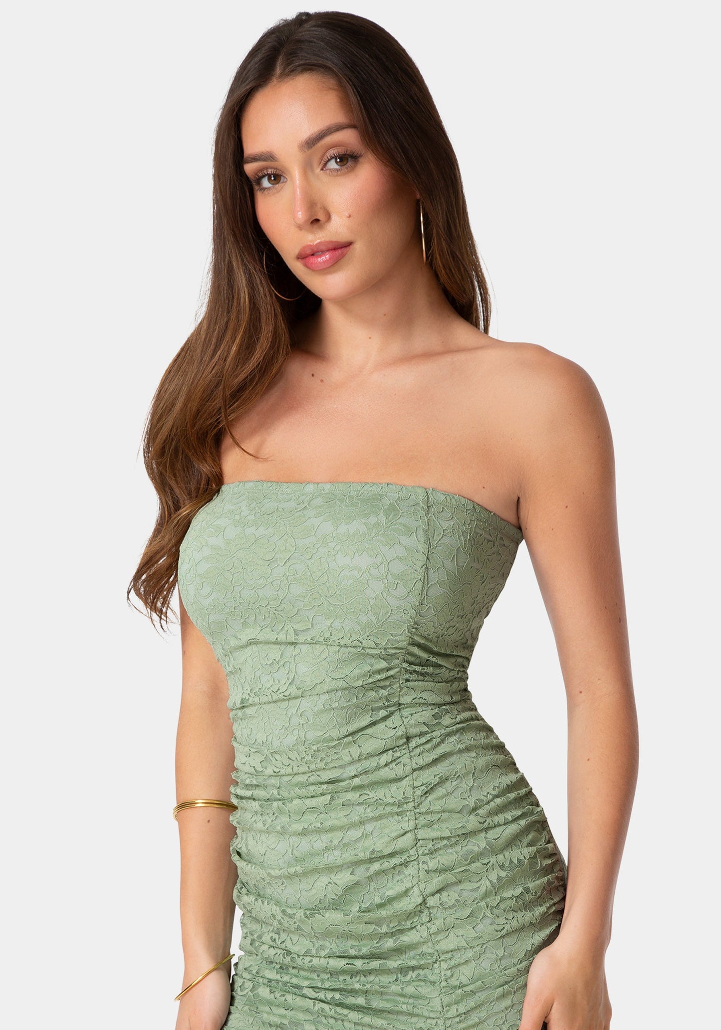 Lace Strapless Ruffle Slit Dress