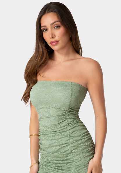 Lace Strapless Ruffle Slit Dress