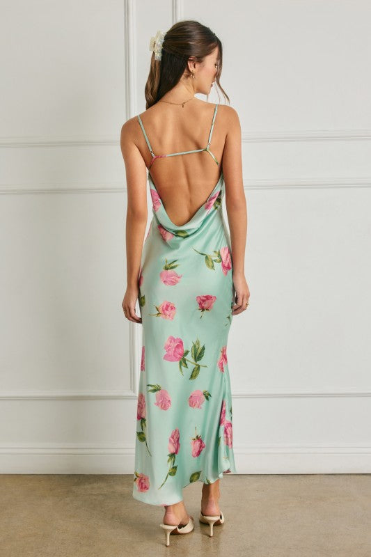 Annie Sleeveless Open Cowl Back Floral Print Maxi Dress Mint