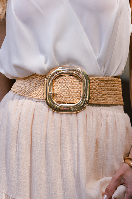 Georgiana Gold Circular Buckle Straw Waist Belt Beige