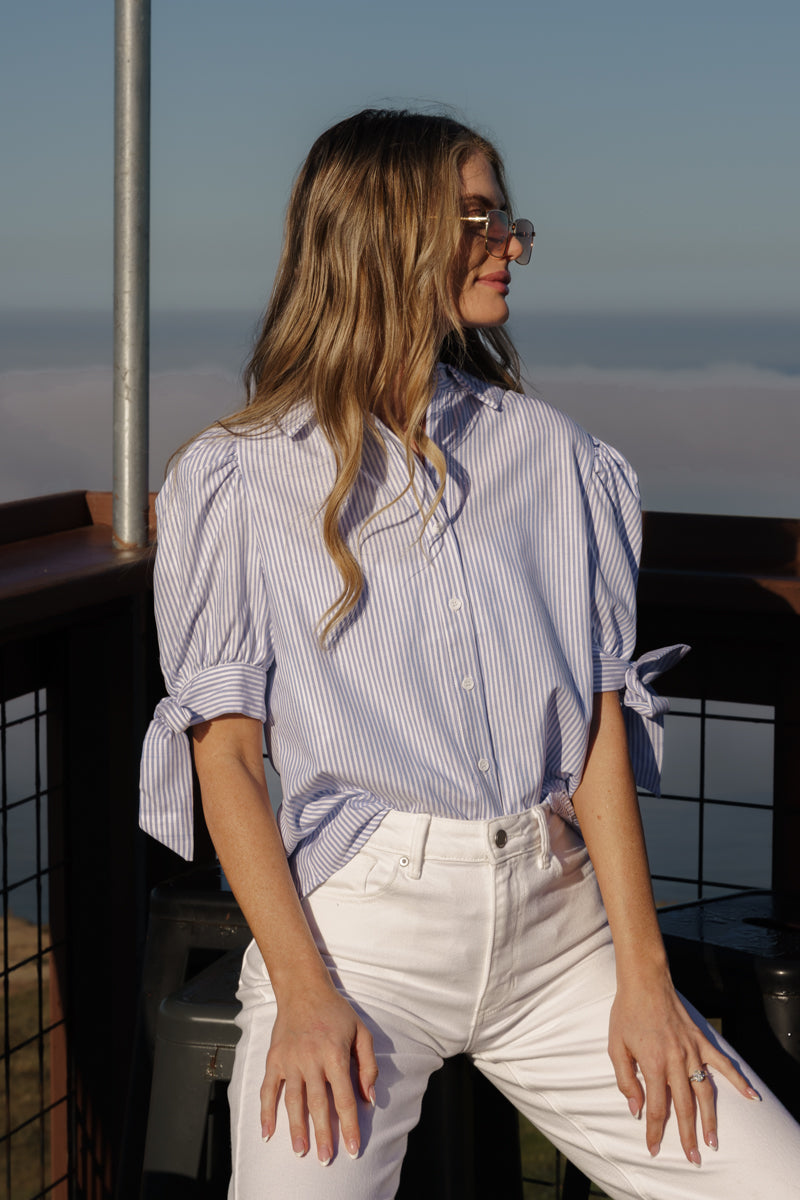 Olive Short Puff Sleeve Button Down Stripe Print Top Blue