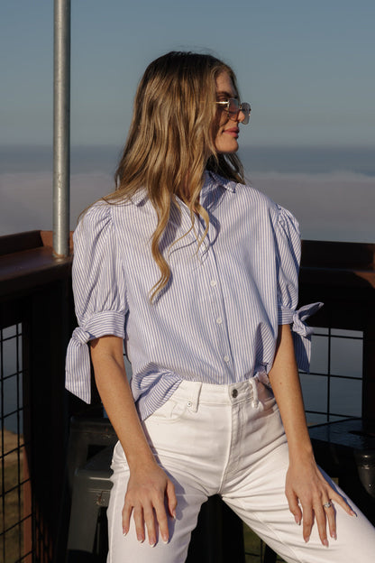 Olive Short Puff Sleeve Button Down Stripe Print Top Blue