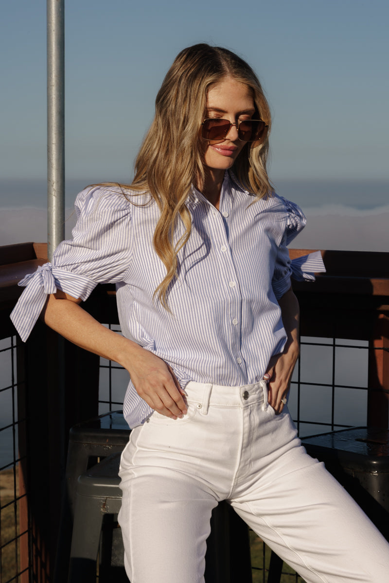 Olive Short Puff Sleeve Button Down Stripe Print Top Blue