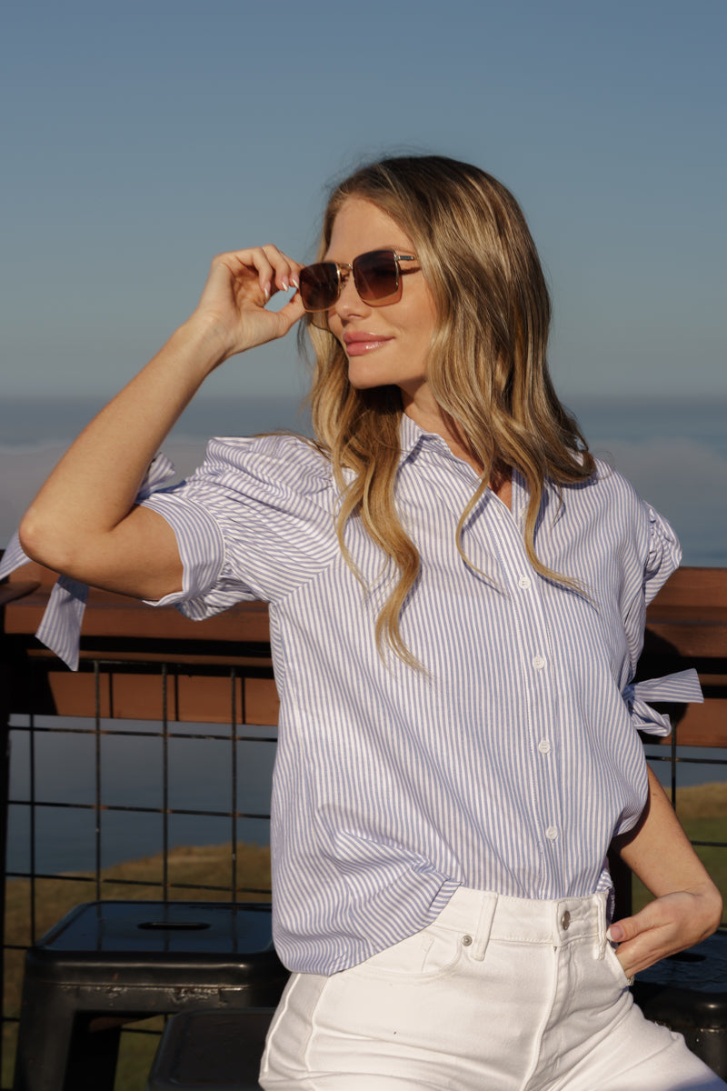 Olive Short Puff Sleeve Button Down Stripe Print Top Blue