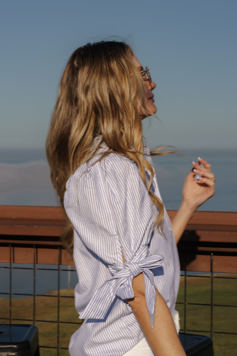 Olive Short Puff Sleeve Button Down Stripe Print Top Blue