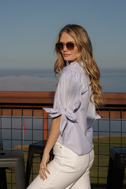 Olive Short Puff Sleeve Button Down Stripe Print Top Blue