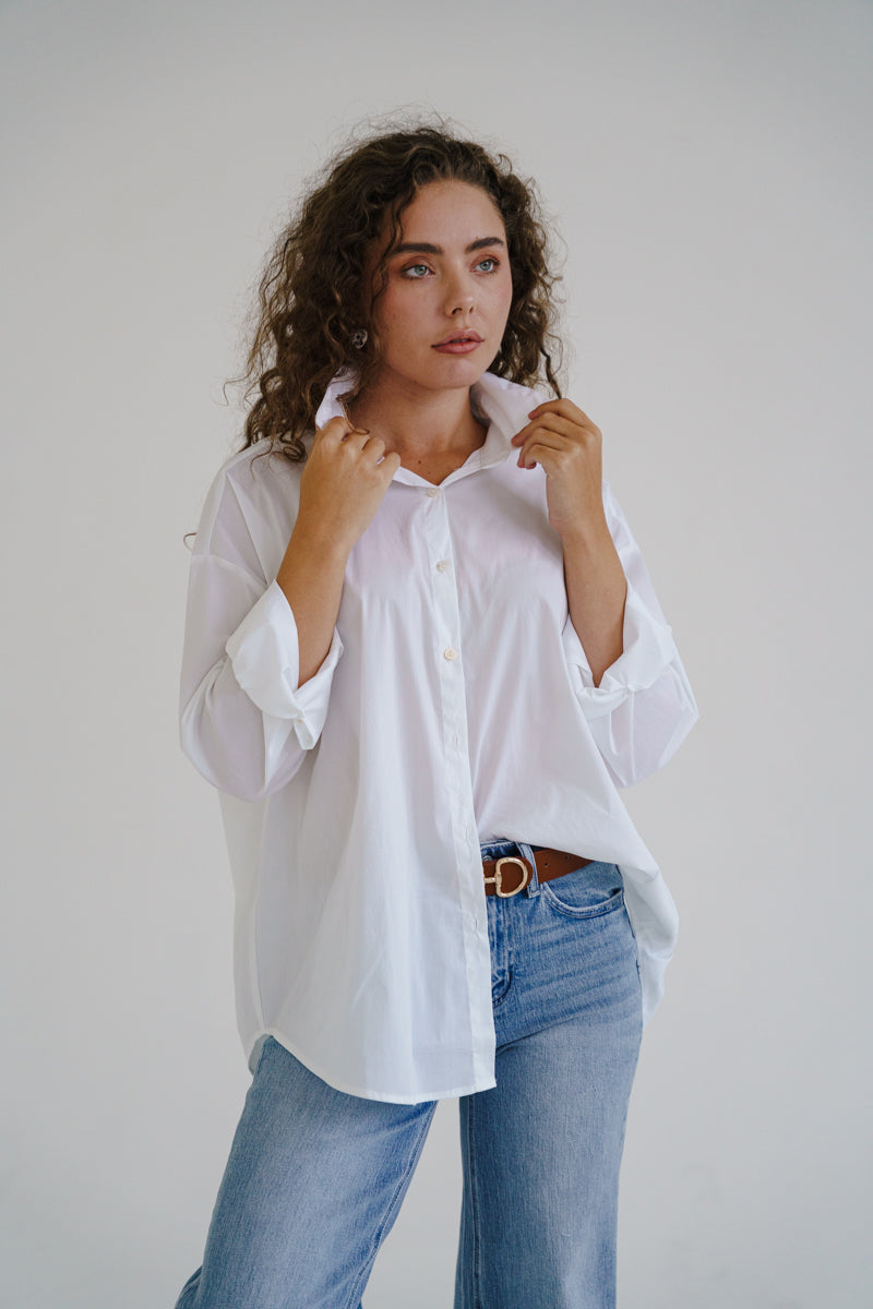 Renata Long Sleeve Button Down Top White