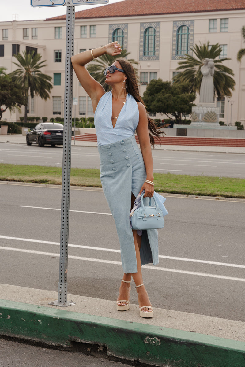 Aster Sleeveless Halter Open Back Polka Dot Print Top Blue