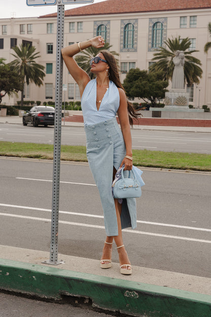 Aster Sleeveless Halter Open Back Polka Dot Print Top Blue