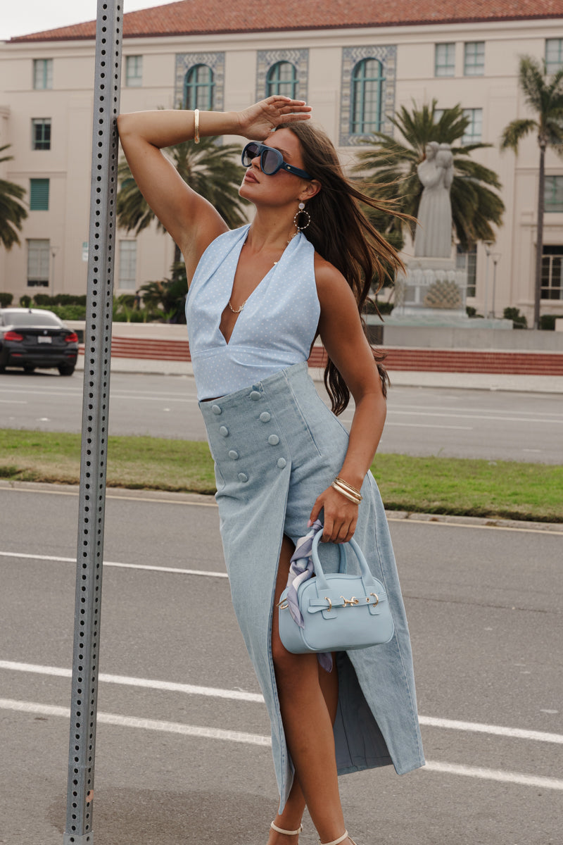 Aster Sleeveless Halter Open Back Polka Dot Print Top Blue