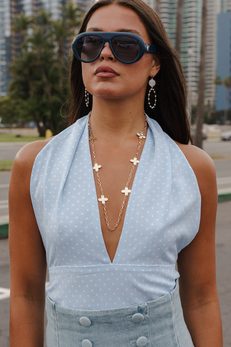 Aster Sleeveless Halter Open Back Polka Dot Print Top Blue