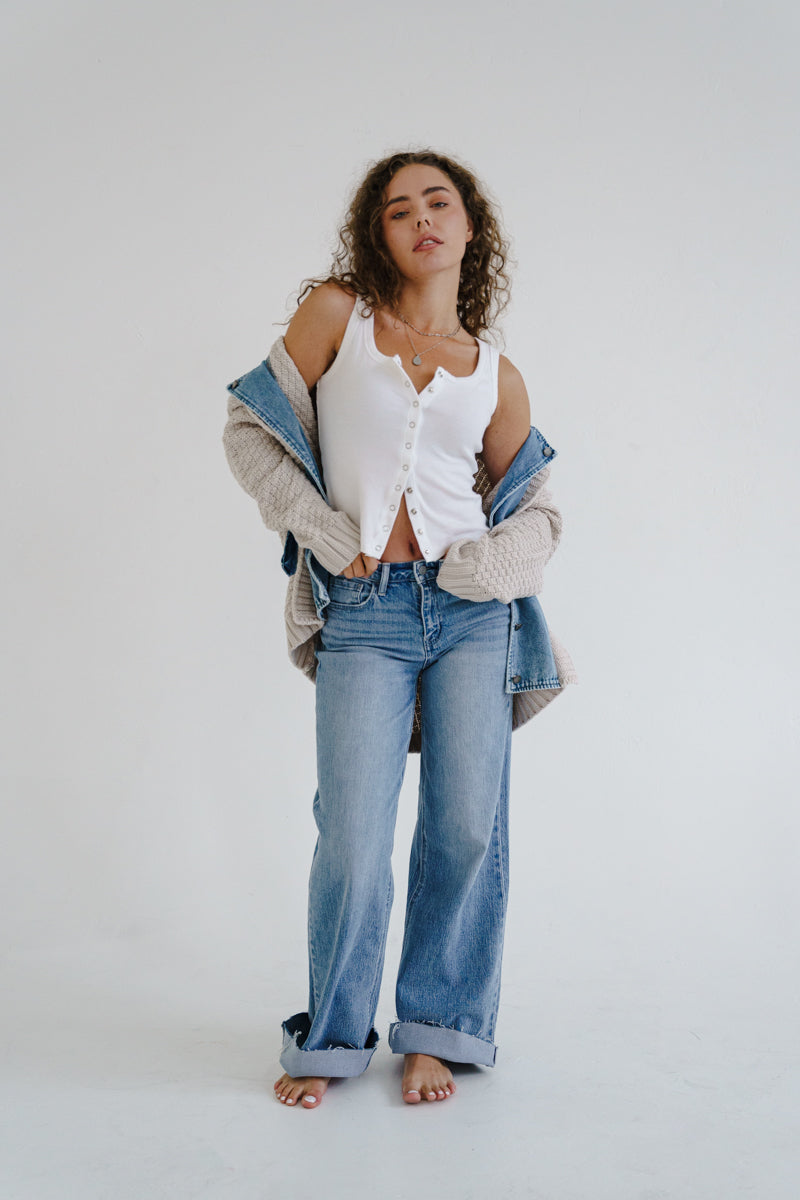 Waitlist 6/28 • Clarissa Long Sleeve Cable Knit Denim Trim One Size Shacket Cream