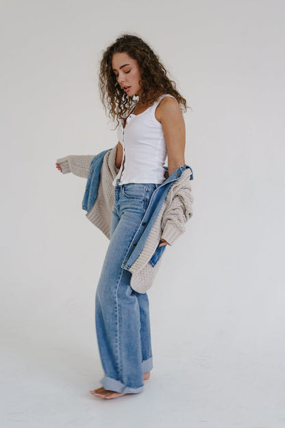 Waitlist 6/28 • Clarissa Long Sleeve Cable Knit Denim Trim One Size Shacket Cream