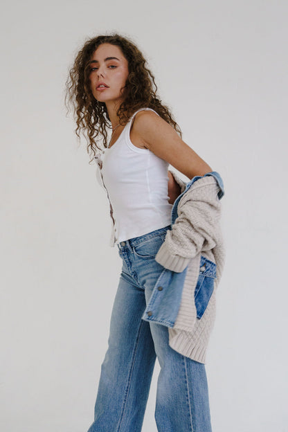 Waitlist 6/28 • Clarissa Long Sleeve Cable Knit Denim Trim One Size Shacket Cream