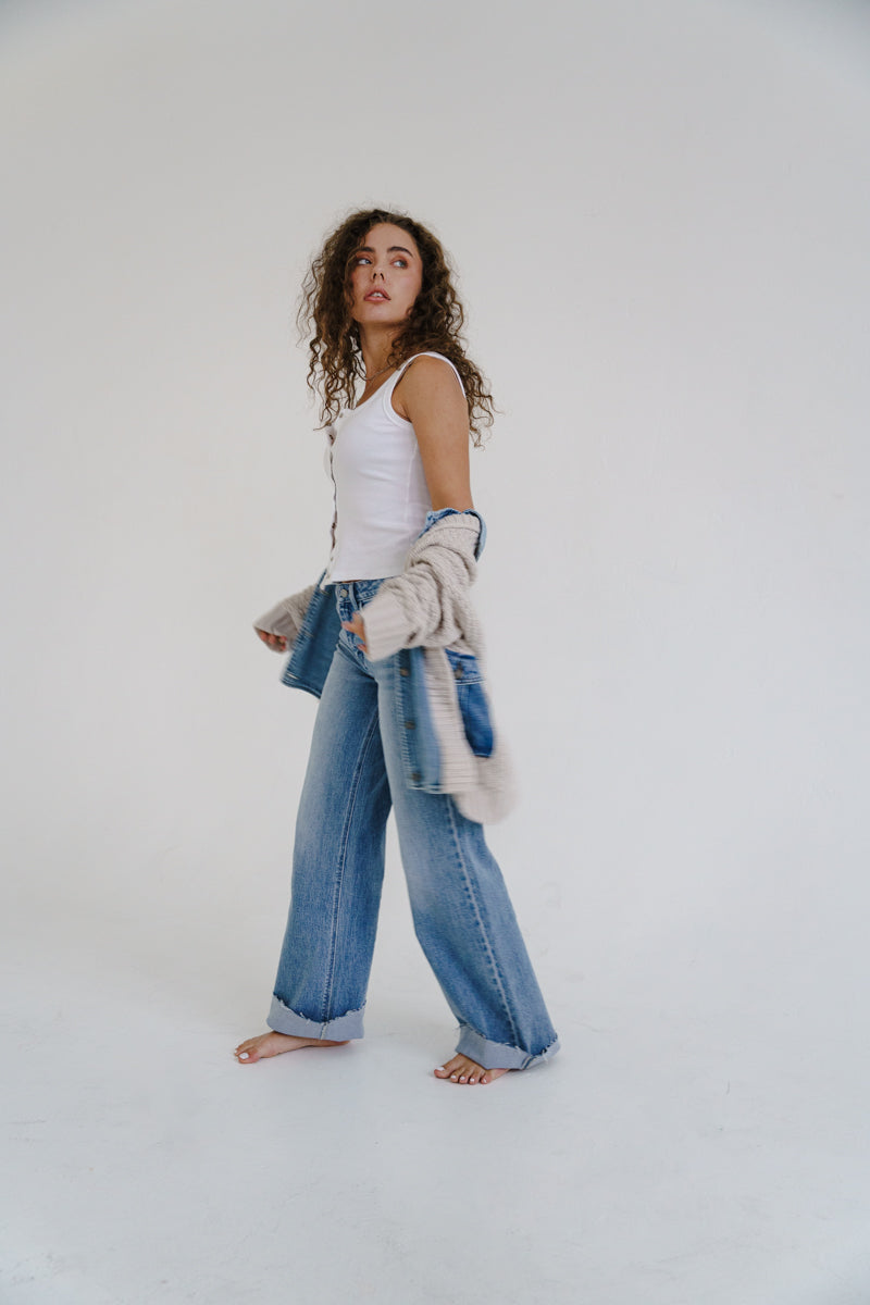 Waitlist 6/28 • Clarissa Long Sleeve Cable Knit Denim Trim One Size Shacket Cream