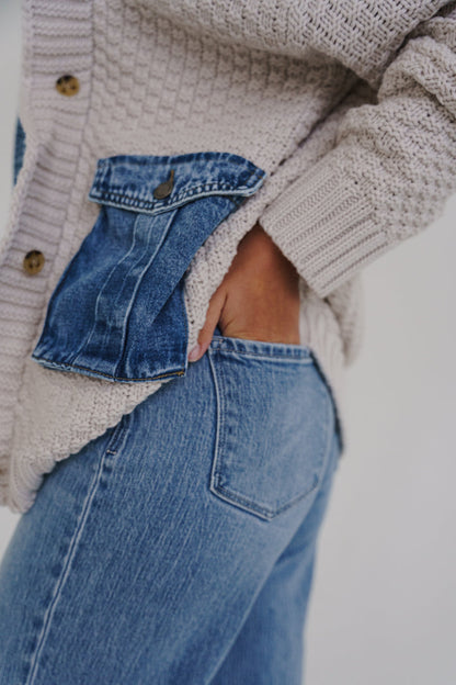 Waitlist 6/28 • Clarissa Long Sleeve Cable Knit Denim Trim One Size Shacket Cream