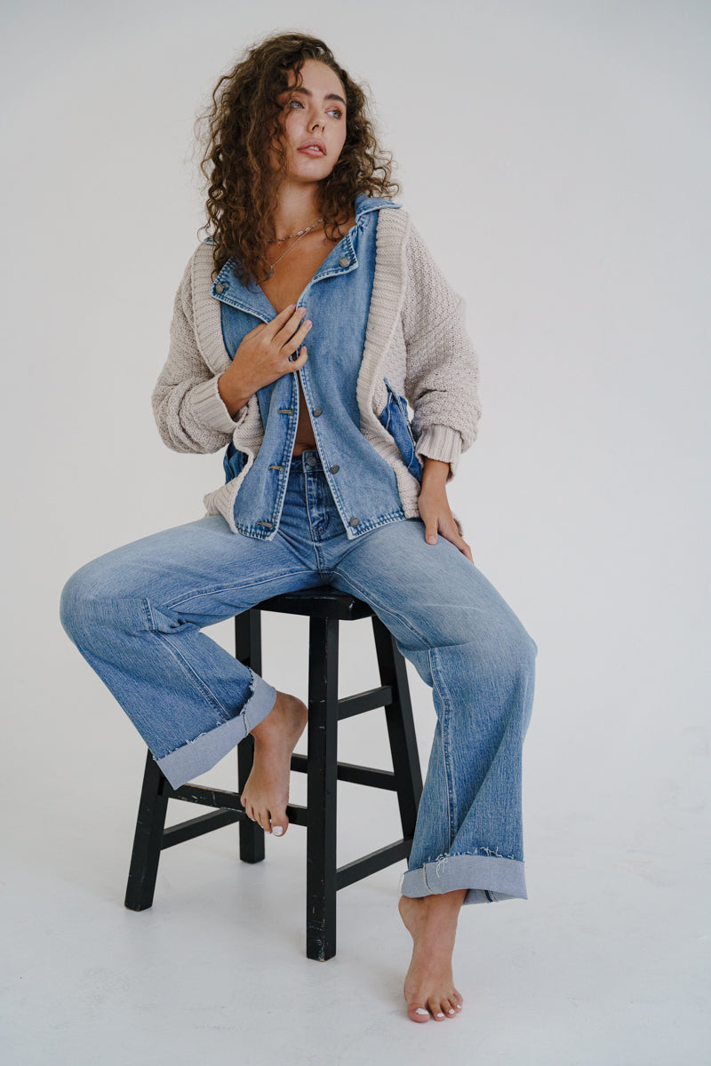 Waitlist 6/28 • Clarissa Long Sleeve Cable Knit Denim Trim One Size Shacket Cream