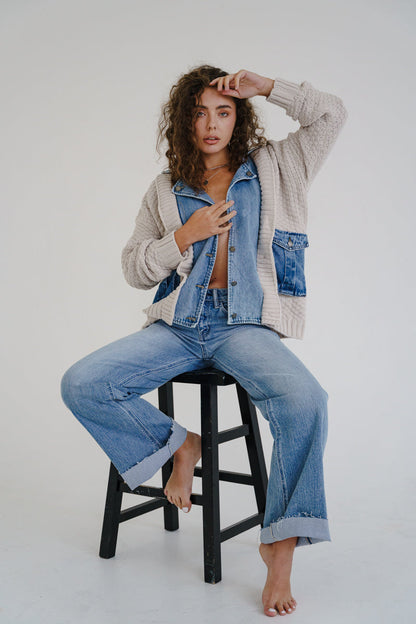 Waitlist 6/28 • Clarissa Long Sleeve Cable Knit Denim Trim One Size Shacket Cream