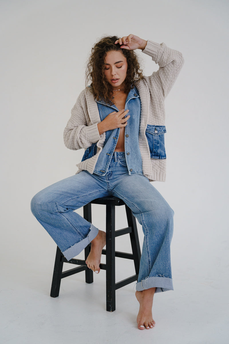 Waitlist 6/28 • Clarissa Long Sleeve Cable Knit Denim Trim One Size Shacket Cream