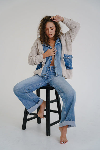 Waitlist 6/28 • Clarissa Long Sleeve Cable Knit Denim Trim One Size Shacket Cream