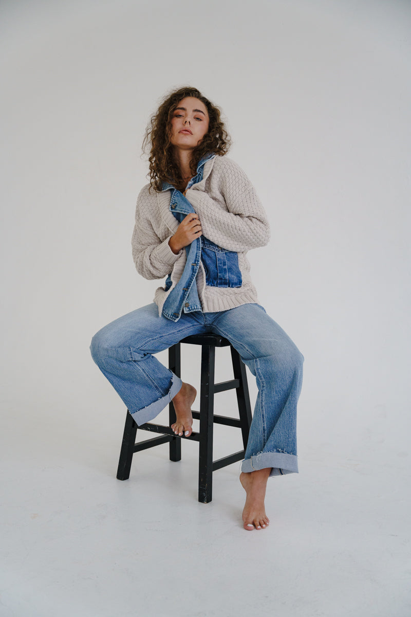 Waitlist 6/28 • Clarissa Long Sleeve Cable Knit Denim Trim One Size Shacket Cream