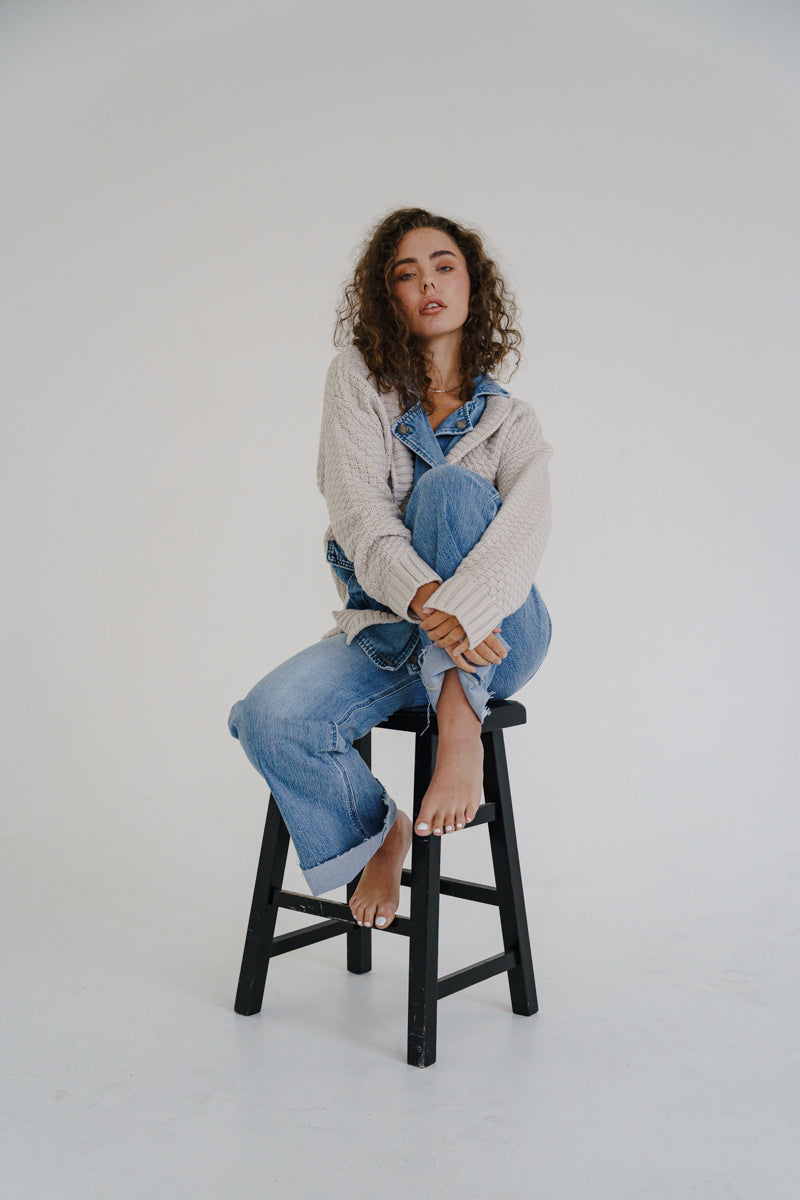 Waitlist 6/28 • Clarissa Long Sleeve Cable Knit Denim Trim One Size Shacket Cream