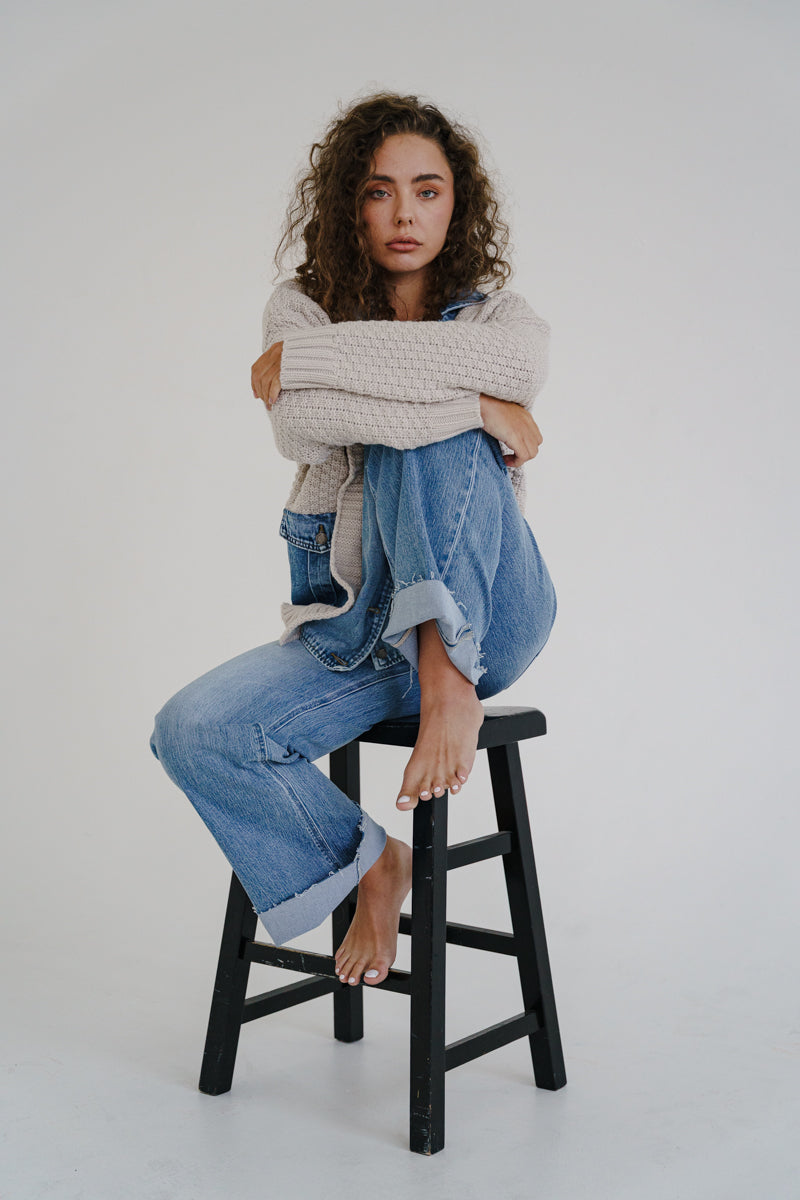 Waitlist 6/28 • Clarissa Long Sleeve Cable Knit Denim Trim One Size Shacket Cream