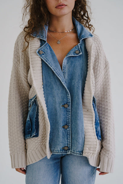 Waitlist 6/28 • Clarissa Long Sleeve Cable Knit Denim Trim One Size Shacket Cream