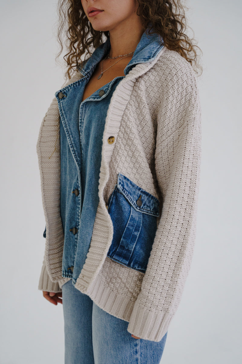 Waitlist 6/28 • Clarissa Long Sleeve Cable Knit Denim Trim One Size Shacket Cream