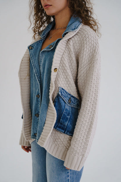 Waitlist 6/28 • Clarissa Long Sleeve Cable Knit Denim Trim One Size Shacket Cream
