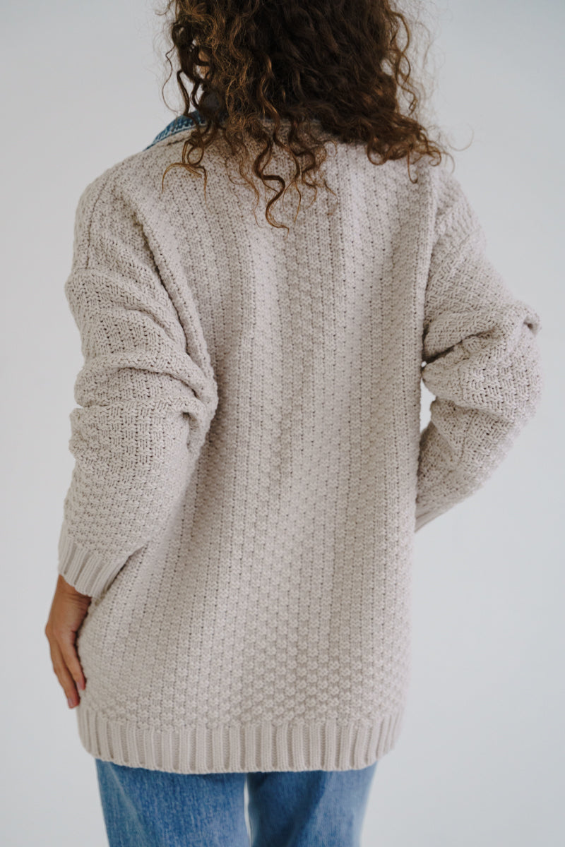 Waitlist 6/28 • Clarissa Long Sleeve Cable Knit Denim Trim One Size Shacket Cream